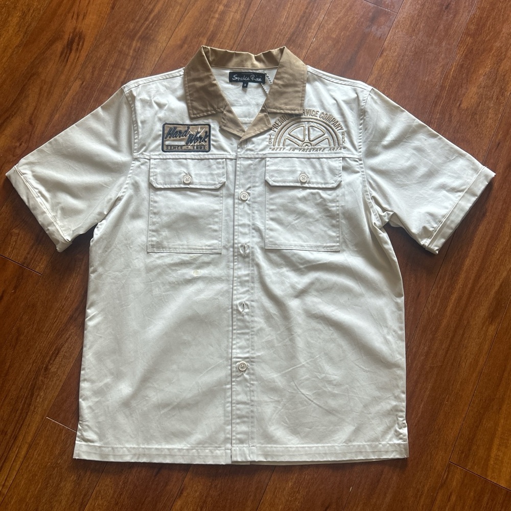 Beige Short Sleeve Button-Up Shirt